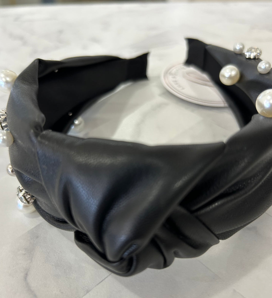 Black Leather Pearl Headband