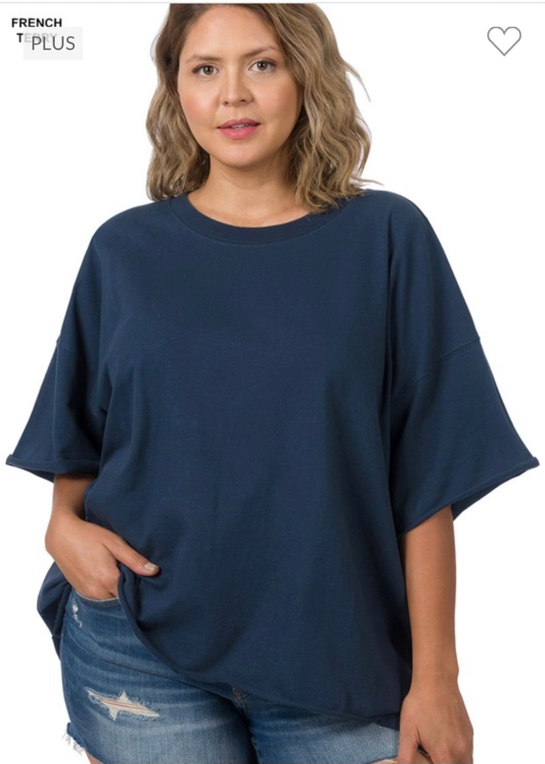 Navy Plus Size French Terry Drop Shoulder Tee with a Raw Edge