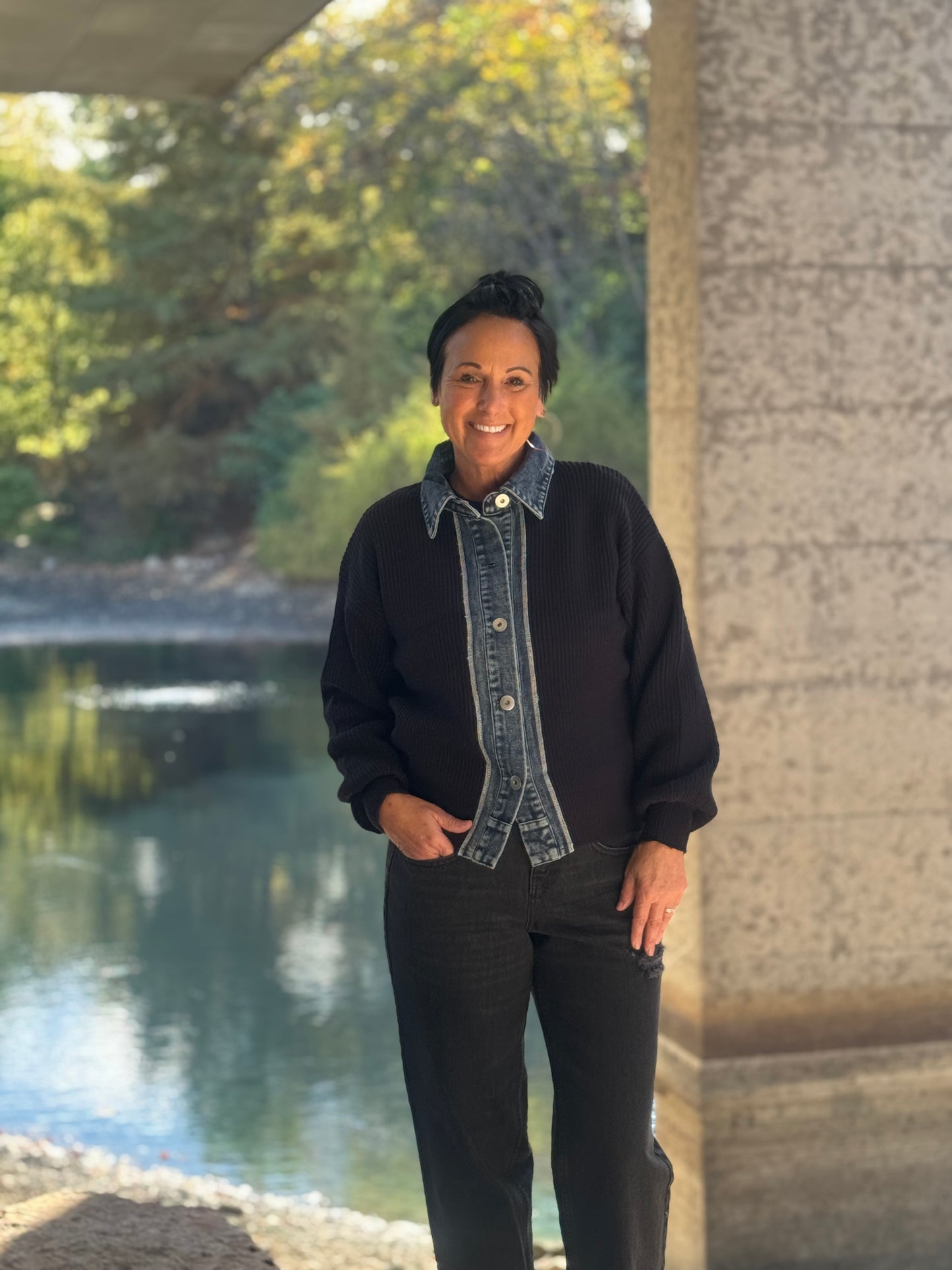 Sweater with denim trim