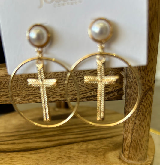Gold Circle Earrings with Cross and Pearl