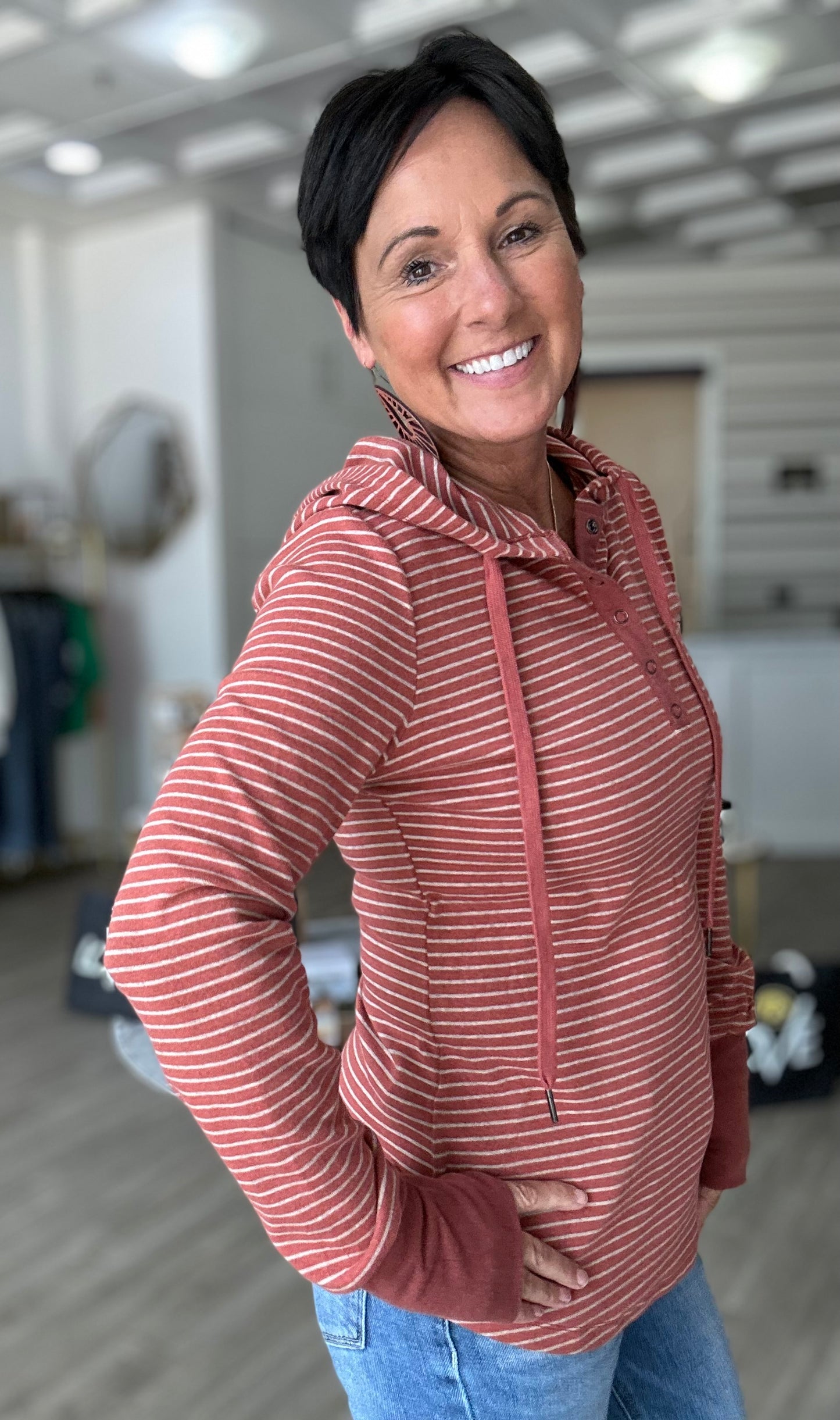 Rust Stripe Button Hoodie with Thumbholes