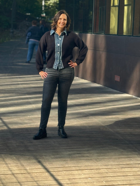 Sweater with denim trim