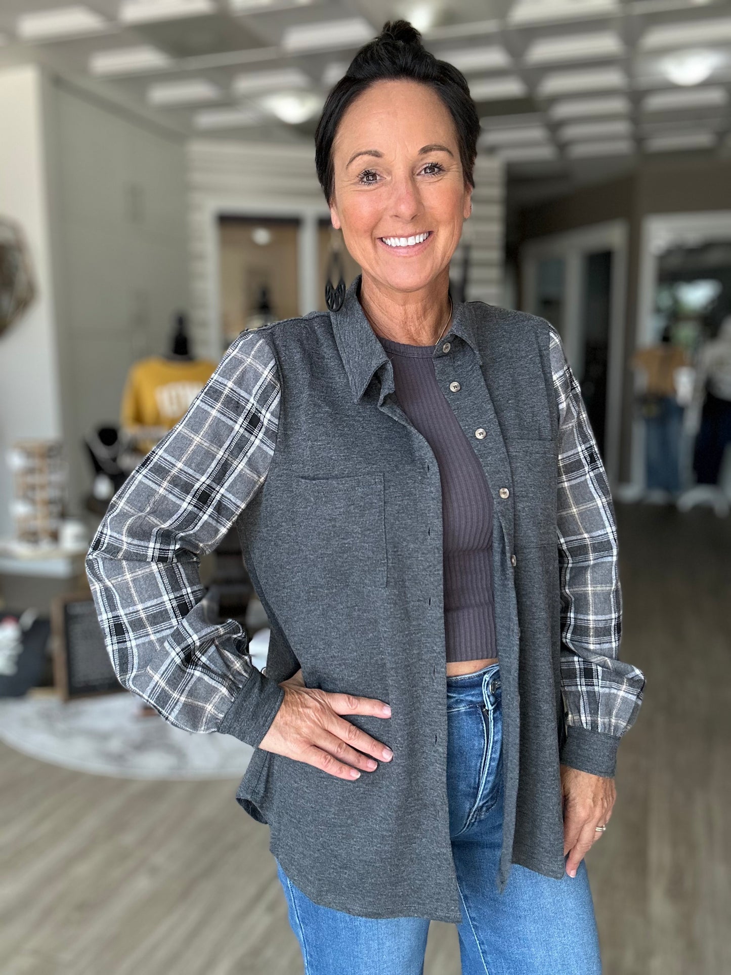 Charcoal Plaid Sleeve Button Down Top