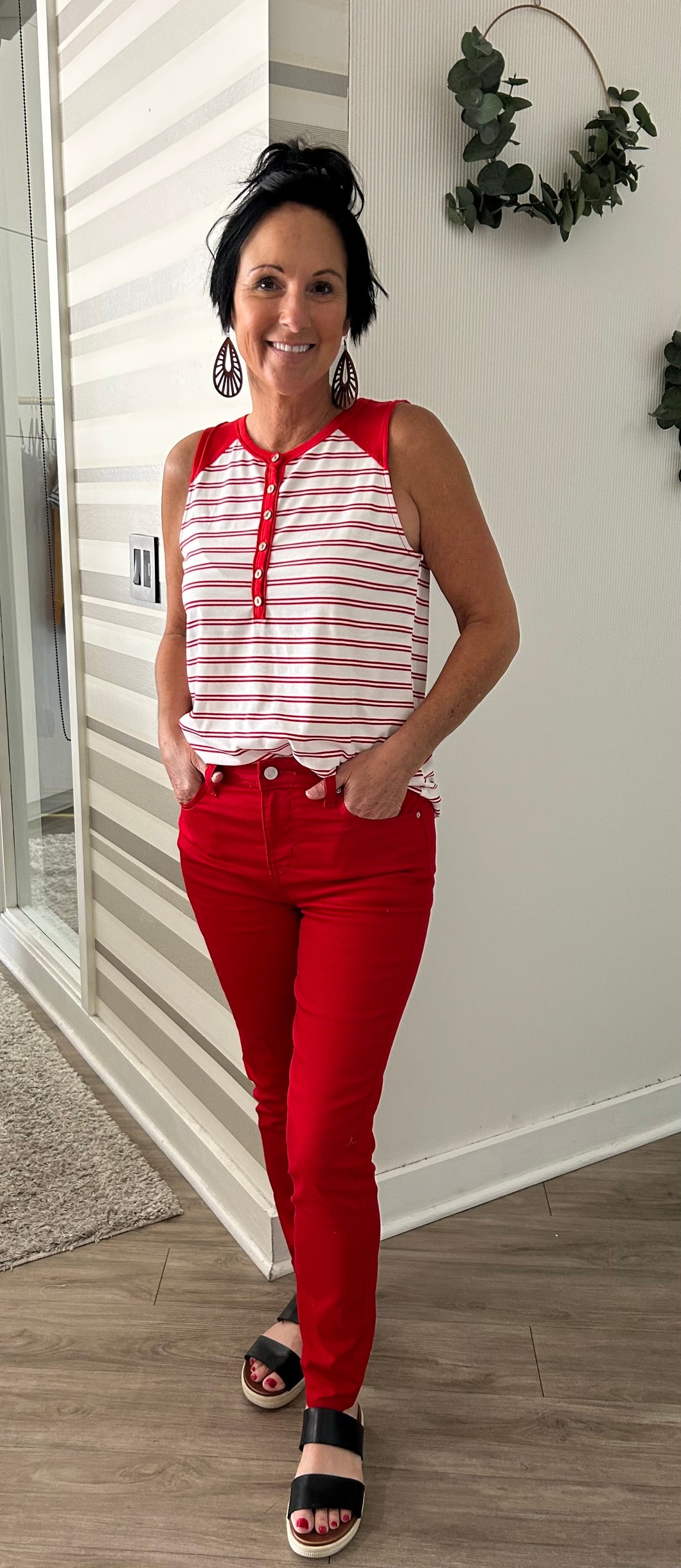 Red/White Stripe Henley Knit Top