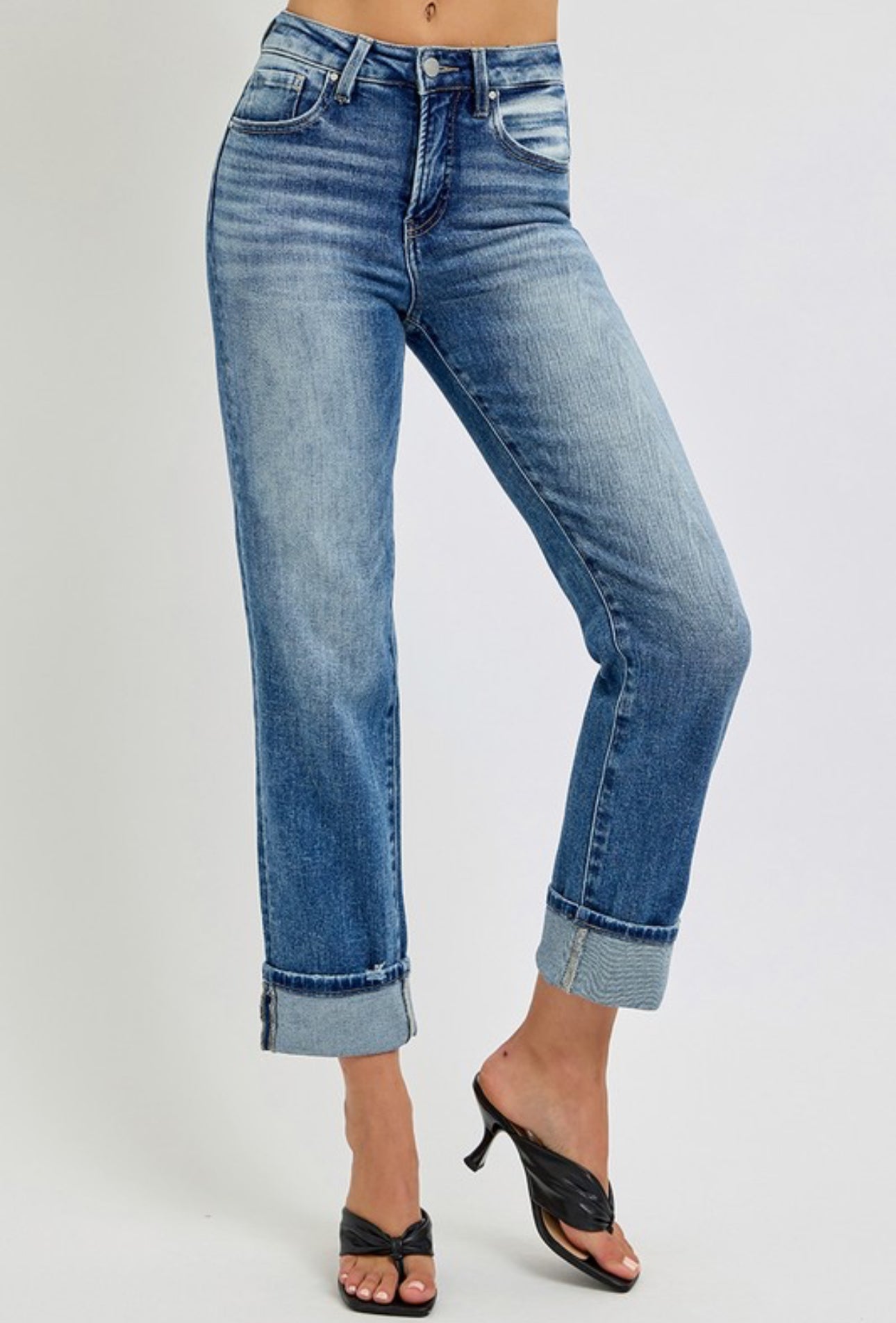 Tummy High Rise Straight Roll Up Jeans