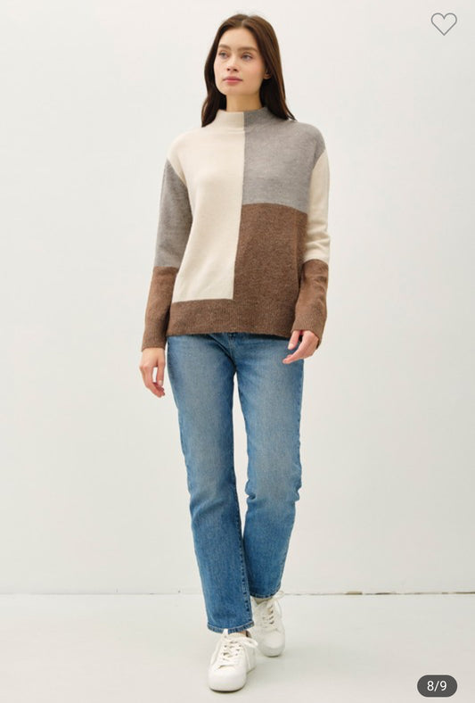 Cozy Color Blocked Mock Neck Sweater