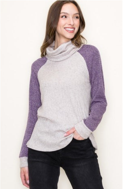 Purple and Oatmeal Cowl Neck