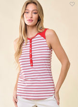 Load image into Gallery viewer, Red/White Stripe Henley Knit Top
