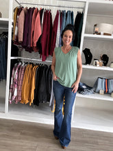 Load image into Gallery viewer, Dark Sage V Neck Rouched Shoulder Sleeveless Top
