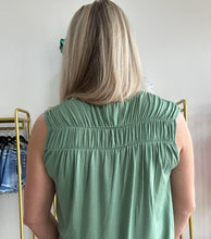 Load image into Gallery viewer, Dark Sage V Neck Rouched Shoulder Sleeveless Top
