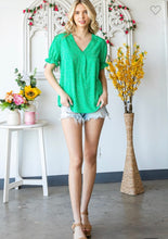 Load image into Gallery viewer, Kelly Green V Neck Relaxed Fit Ruffle Short Sleeve Top
