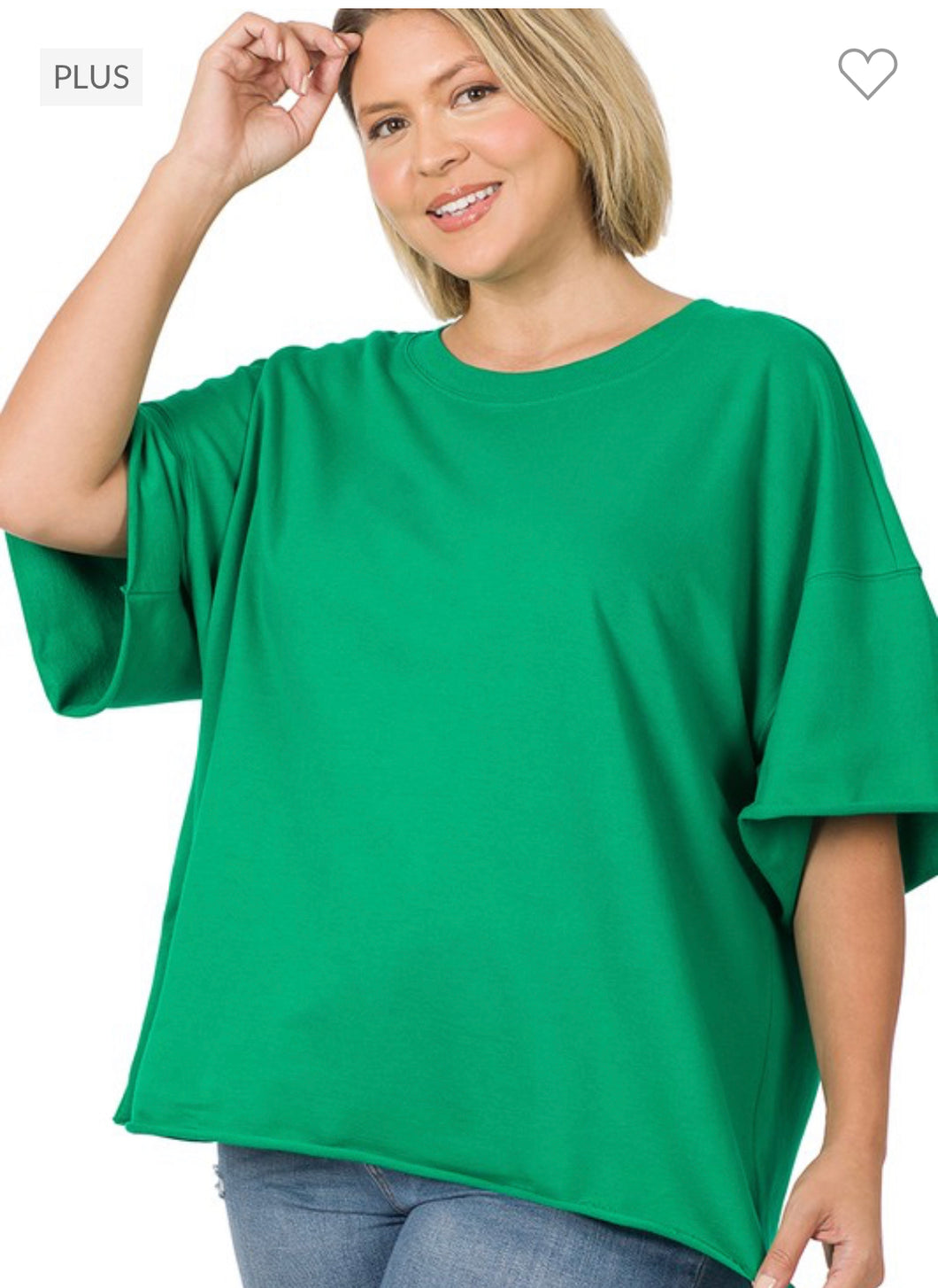 Kelly Green Plus Size French Terry Drop Shoulder Tee with a Raw Edge