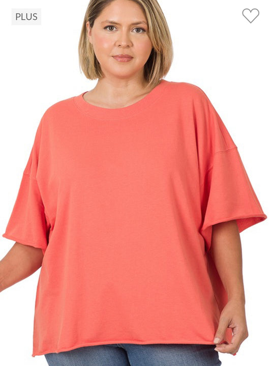 Coral Plus Size French Terry Drop Shoulder Tee with a Raw Edge