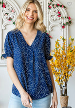 Load image into Gallery viewer, Navy V Neck Relaxed Fit Ruffle Short Sleeve Top
