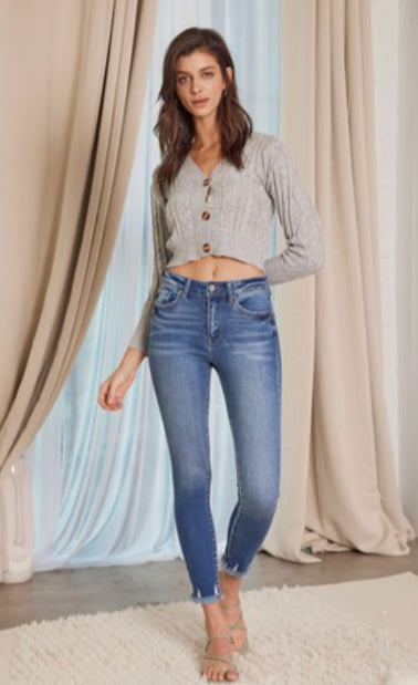 High Rise Fray Hem Ankle Skinny