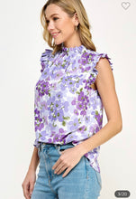 Load image into Gallery viewer, Violet Watercolor Print Ruffle Sleeve Mock Neck
