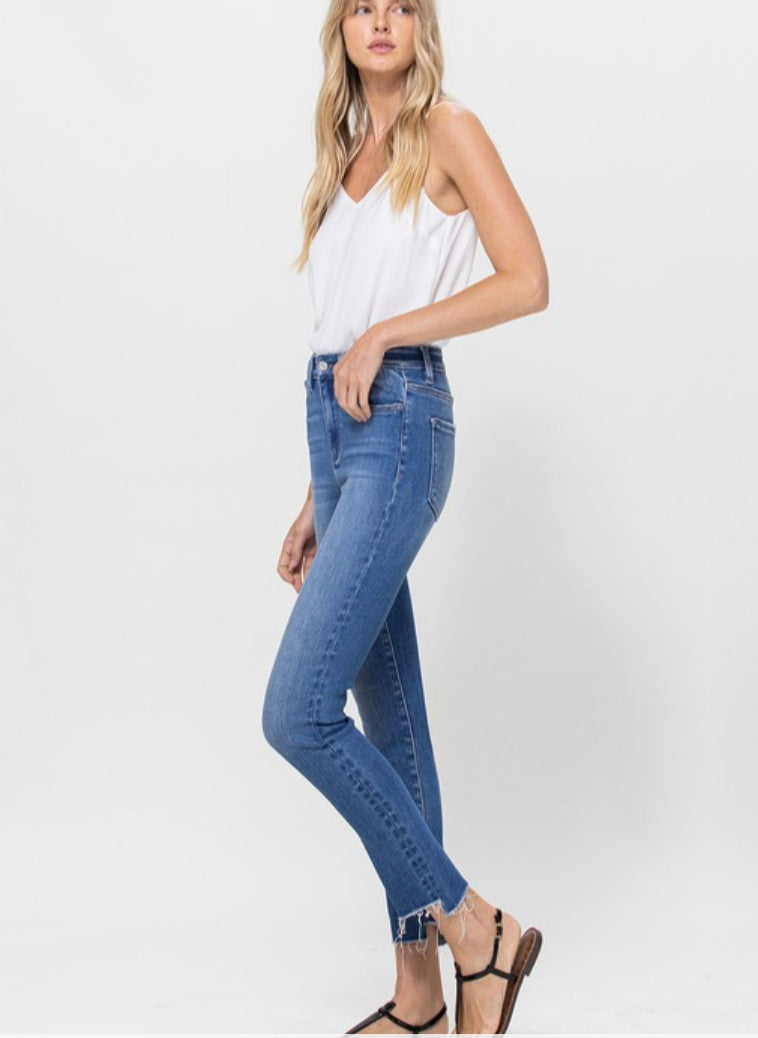 Vervet High Rise Ankle Skinny with Uneven Raw Hem Detail